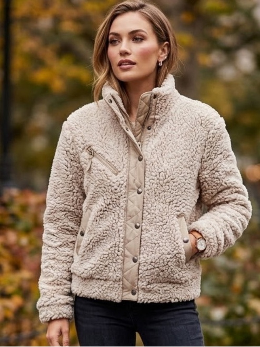 BLANKNYC Sherpa Fleece Snap Front Jacket Beige Taupe - Small EUC
